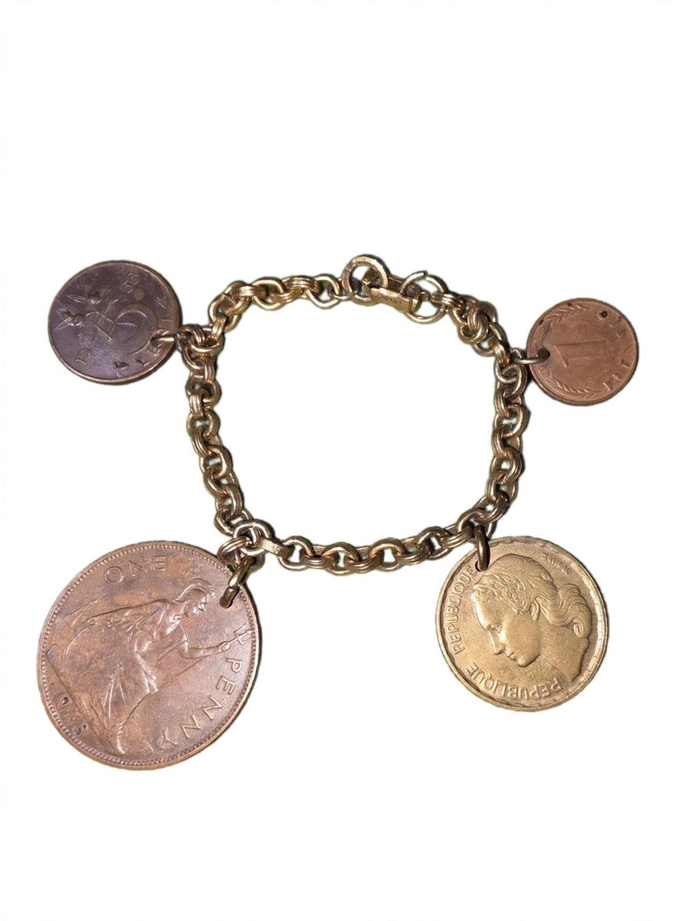 Vintage 14K Gold Plated Coin Charm Bracelet 1948 Penny 20F 28.3g